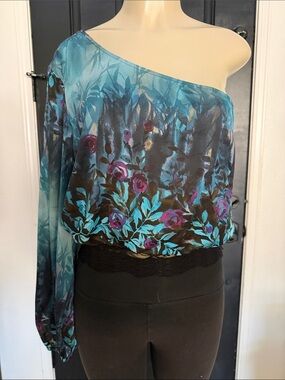 Bebe size M Off-Shoulder Teal Floral Sheer Women's Top